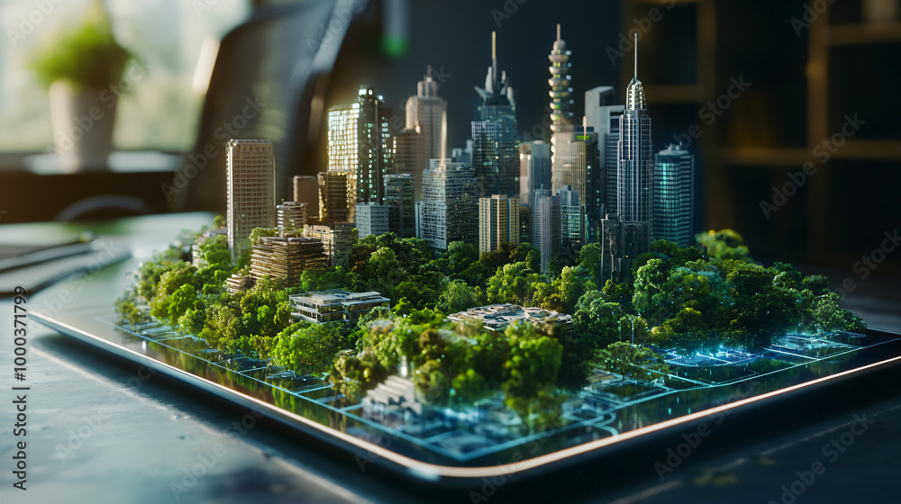 Aufkleber futuristic transparent tablet is displaying a green and sustainable city project with trees and buil