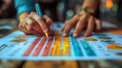 Close up of hands analyzing a colorful infographic with a pen.