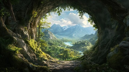 A  View Through A Cave Opening Revealing A Lush Mountain Valley