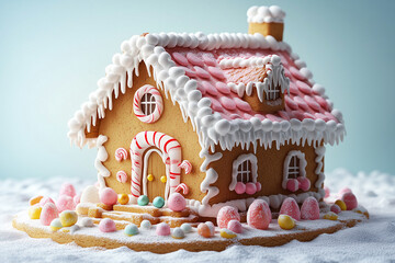 Festively decorated gingerbread house with a Christmas tree and wintery decorations