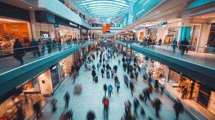 Black Friday shopping mall with large sale banners, shoppers holding bags, wide-angle shot showcasing the dynamic and energetic scene. Black Friday