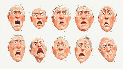 Illustrate a series of human faces each showing different emotions or expressions. This can represent the various aspects of human experience and the complexity of emotional responses 