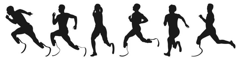 Obraz premium Collection of disabled athletes.Silhouettes of running people.Adaptive sports concept.Side view.Vector illustration of men and women running.