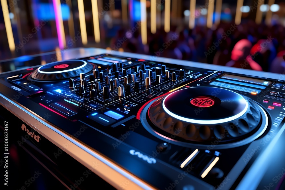 Poster 3d digital dj set, where users can control the beats, mix tracks, and perform in front of a virtual 