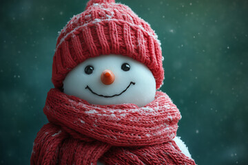 Snowman wearing a red cap and hat, surrounded by festive winter decorations for Christmas and the holiday season