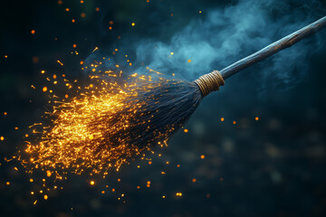 Witchs broomstick with magical sparks flying