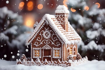 Naklejka premium Close-Up of Gingerbread House Chimney Made of Chocolate Bricks with Detailed Frosting Snow on Roof and Holiday Decorations in the Background