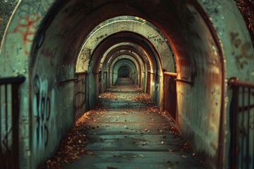 Obraz premium Narrow tunnel with a series of arches is covered in graffiti and dead leaves litter the ground