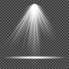 Collection of stage lighting spotlight, scene, stage lighting large collection, projector light effects, bright white lighting with spotlights, spot light isolated on transparent background, vector.