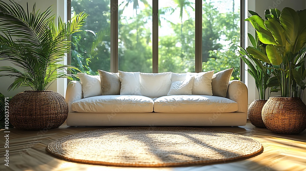 Canvas Prints Modern living room interior with large window, white couch, plants, and woven rug.