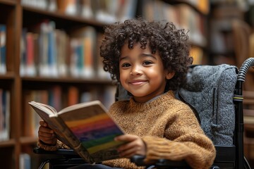 Happy african american boy in wheelchair reading a book in the library