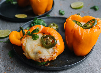 Orange peppers stuffed with taco flavored Beef and mozzarella cheese