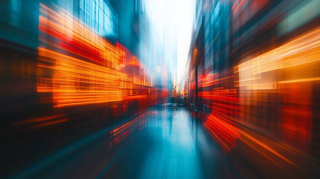 Abstract city street with light trails at night creating a sense of speed and excitement