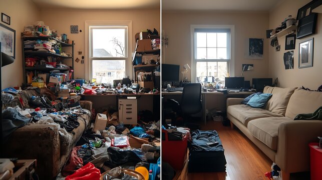 Person cleaning up messy home office living room showing difference before and after tidy up