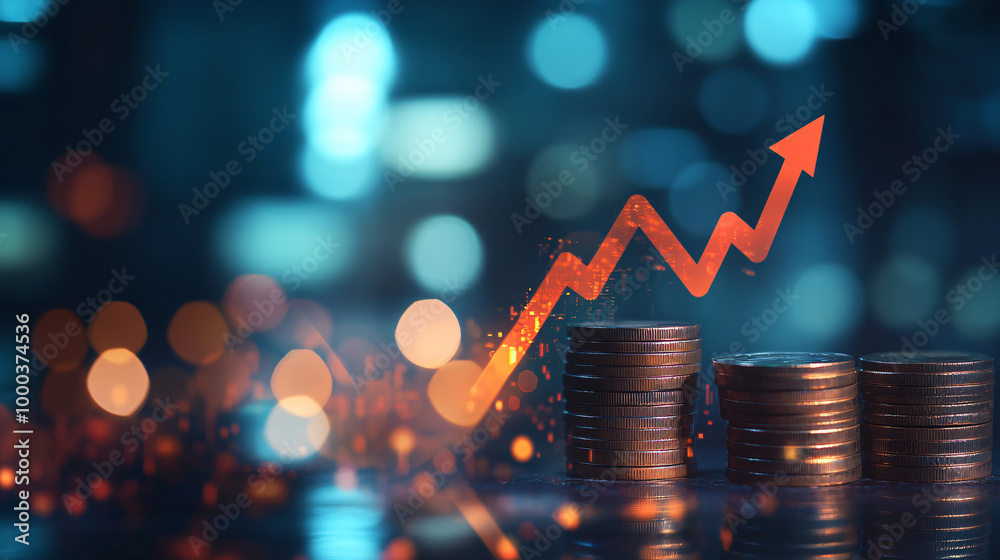 Poster stacks of coins with a red arrow pointing up representing positive financial growth and business suc