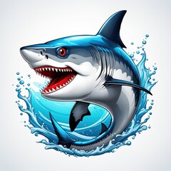 A stylized shark emerging from water, showcasing its sharp teeth and dynamic movement.