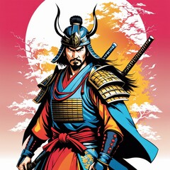 A stylized samurai warrior stands confidently against a vibrant sunset backdrop.