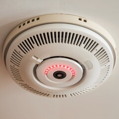 Carbon Monoxide Detectors: Close-Up Front View with Circular Designs, Red LED Indicators, and Ceiling Mounted Safety Devices Featuring Air Vents and Sensors for Enhanced Protection