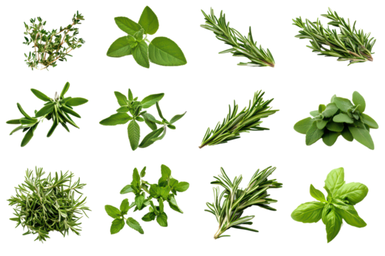 A variety of fresh herbs arranged isolated on transparent background.