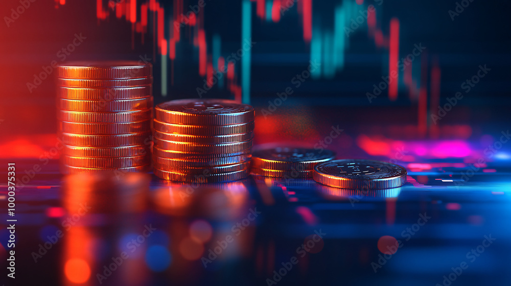 Poster Bitcoin cryptocurrency coins stacked on a computer keyboard reflecting a stock market chart showing market growth in a bull market