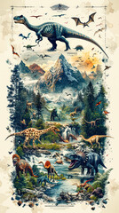 Fototapeta premium Painting of dinosaurs and mountains with a dinosaur in the middle. The painting is titled The Age of Dinosaurs