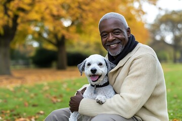 Senior man smiling and holding his dog in an autumn park