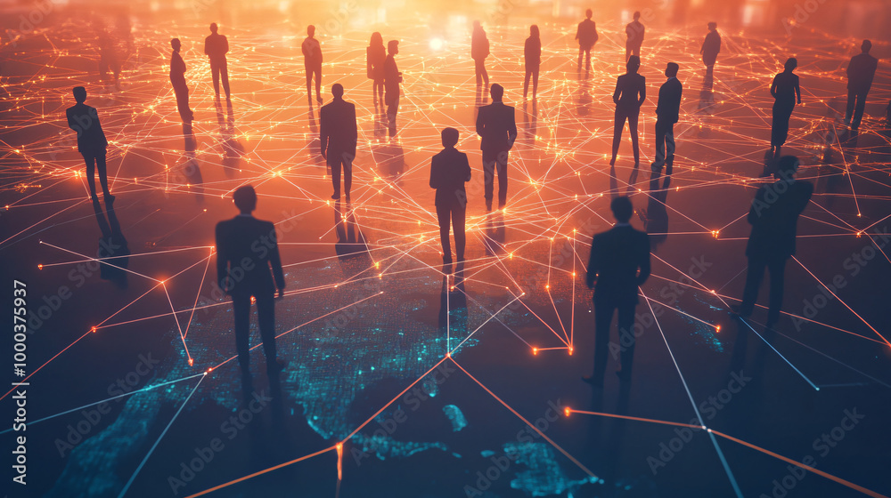 Poster global business communication: silhouettes of business professionals standing on world map connected