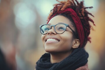 Portrait of a young woman with glasses and a warm smile enjoying the outdoors radiating confidence happiness and natural beauty in a soft focus urban setting