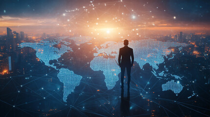 Fototapeta premium Businessman looking at a global business and technology connection with world map and city background at night