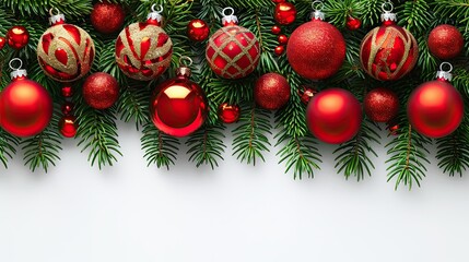 Elegant red Christmas ornaments with pine branches on a textured background