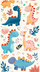 Colorful drawing of four dinosaurs, including a Stegosaurus, is on a white background. The dinosaurs are smiling and appear to be happy
