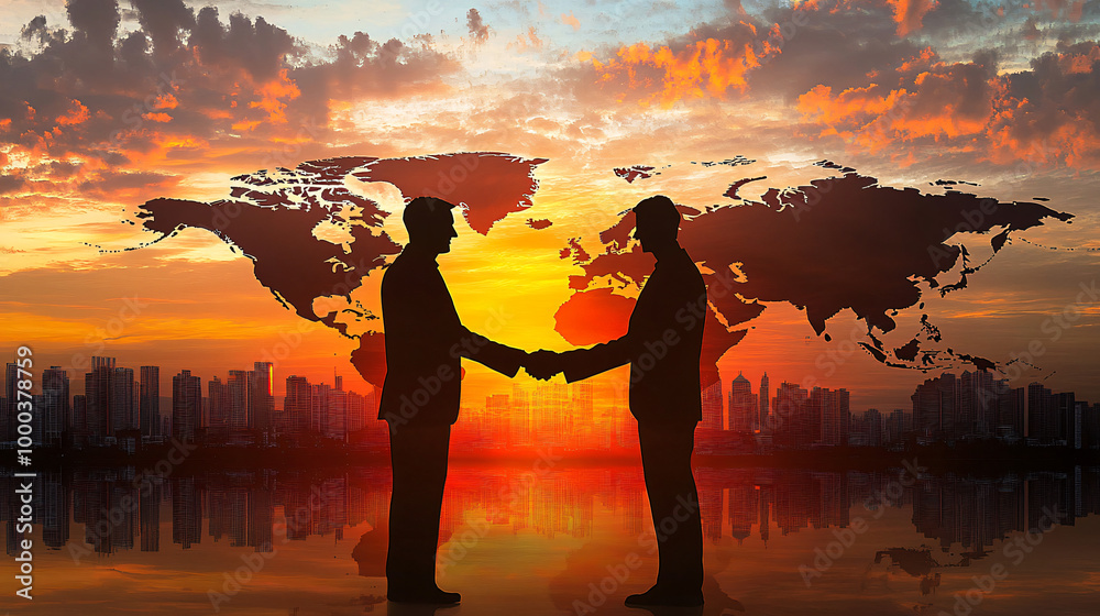 Poster two business professionals sealing a global deal with a handshake in front of a world map