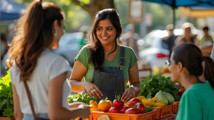 A woman selling fresh, organic produce at a local farmers' market, interacting with customers.