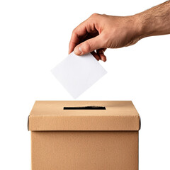 Hand inserting a ballot into a voting box isolated on transparent background.