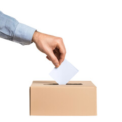 Hand placing a ballot into a cardboard voting box isolated on transparent background.