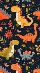 Colorful pattern of dinosaurs with leaves and flowers. The dinosaurs are drawn in a whimsical style and appear to be in a playful mood
