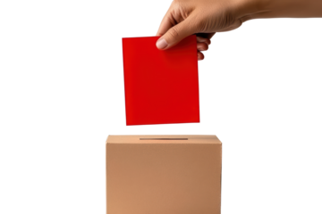 Hand placing red ballot into a cardboard box during voting process, symbolizing democratic participation isolated on transparent background.