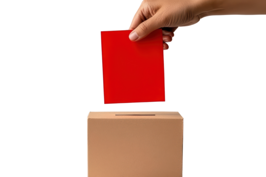 Hand placing red ballot into a cardboard box during voting process, symbolizing democratic participation isolated on transparent background.
