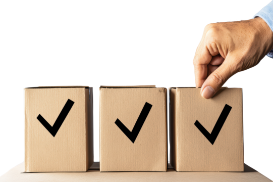 Hand placing a check mark into a box, symbolizing task completion or decision-making isolated on transparent background.