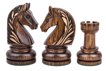 Intricately carved wooden chess pieces, featuring knight and rook isolated on transparent background.