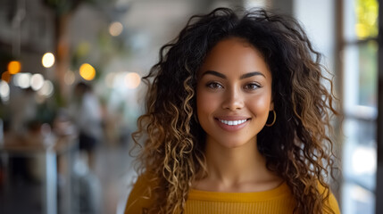 Happy work environment, image of a girl at the office smiling