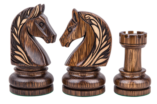Intricately carved wooden chess pieces, featuring knight and rook isolated on transparent background.