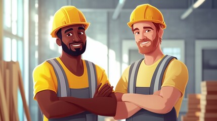 A team of black and white workers, flat style illustration. Two construction workers smiling in a workshop.