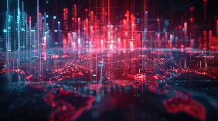 Fototapeta premium A futuristic digital landscape featuring vibrant red and blue data streams overlaid on a world map, symbolizing connectivity and technology.