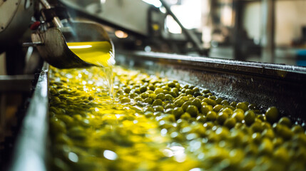 "Illustrate the process of making olive oil, from pressing olives to extracting the oil, showing traditional methods or modern machinery."