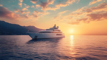Naklejka premium Stunning white yacht on ocean waters at sunset, epitomizing luxury summer travel for the elite.