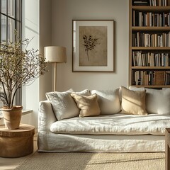 Modern Living Room Featuring a Sleek Bookshelf and Electric Lamp photo