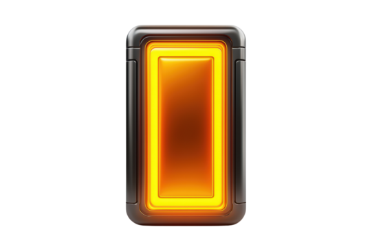 Orange glowing button on a black background, ideal for digital interfaces isolated on transparent background.