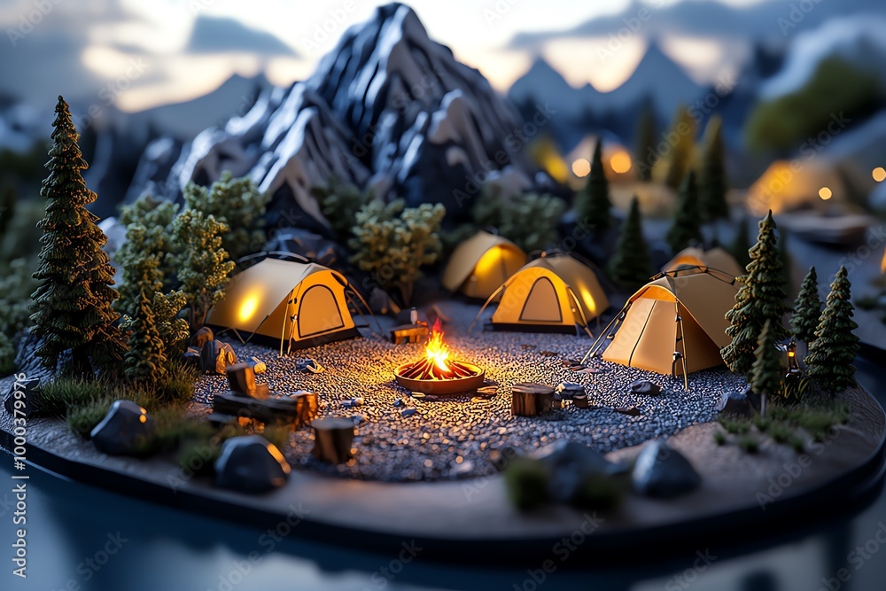 Poster 3d digital model of a mountain campsite, where users can interact with the tents, campfire, and surr