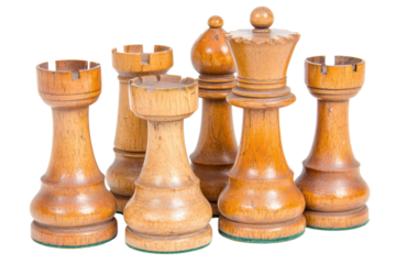 Set of wooden chess pieces isolated on transparent background.